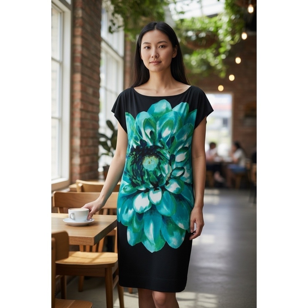 Bisou Bisou Michele Bohbot Women's Floral Shift Dress Black Teal Green Size 4